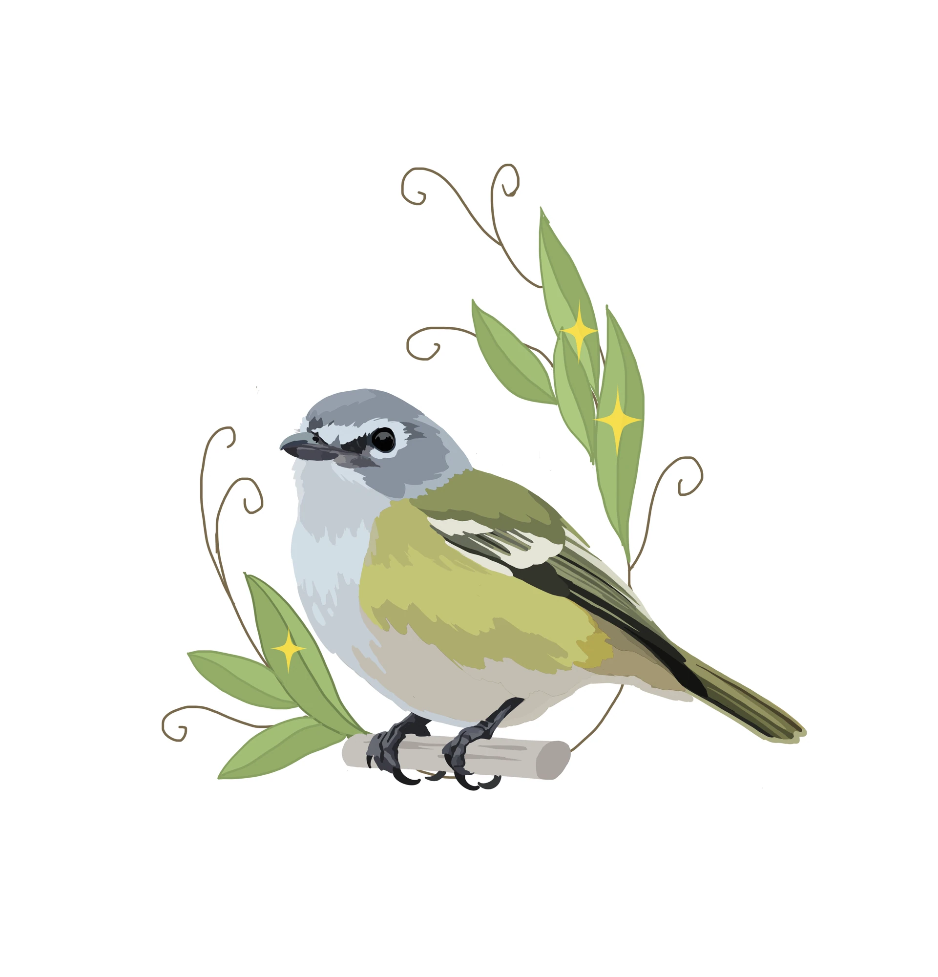 Grey and olive bird tattoo drawing framed by green leaves and gold stars