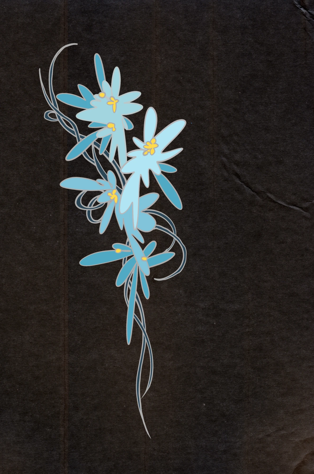 Pale blue flowers and flowing stems on dark paper