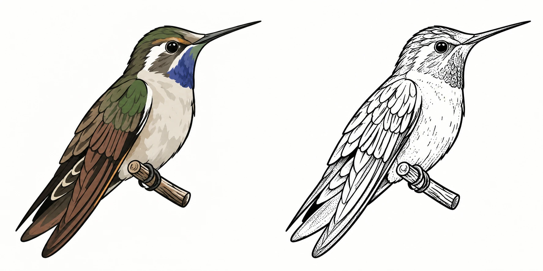 Hummingbird tattoo study showing the colored drawing and detailed black line drawing side by side