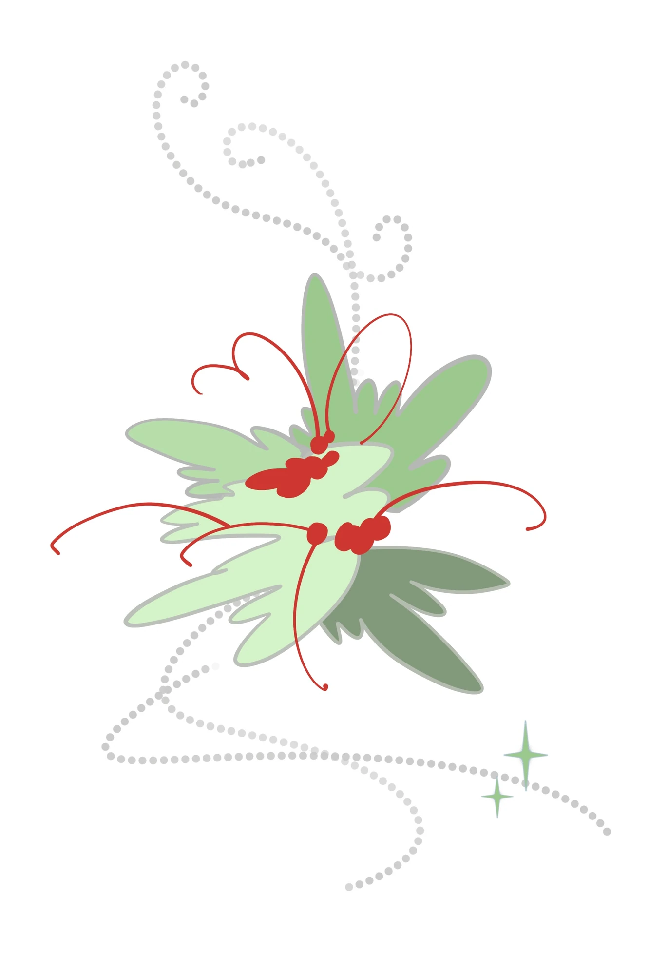 Mint green flowers with red curling stamens and grey dotted trails
