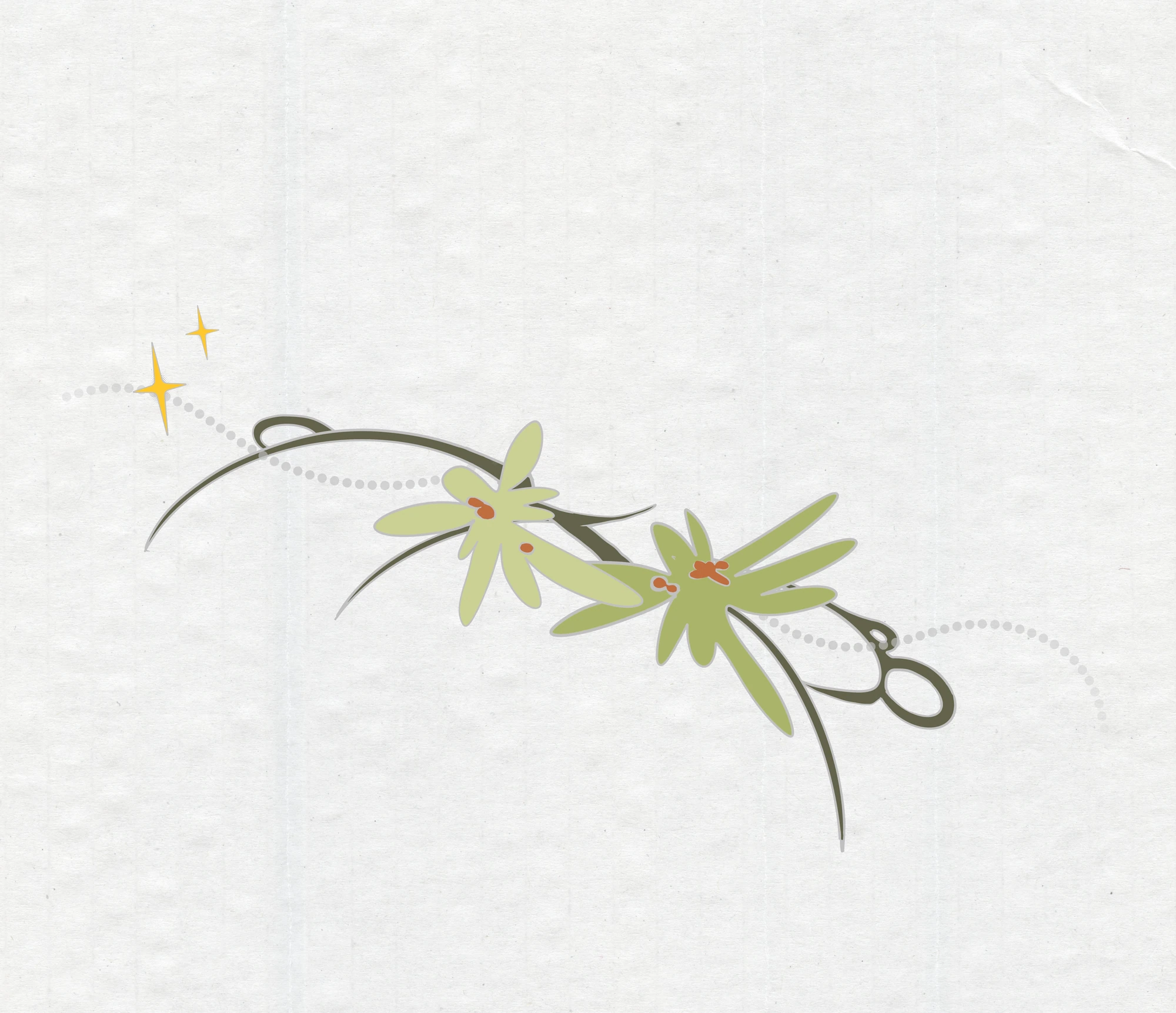 Olive green floral tattoo drawing with sweeping stems and gold stars