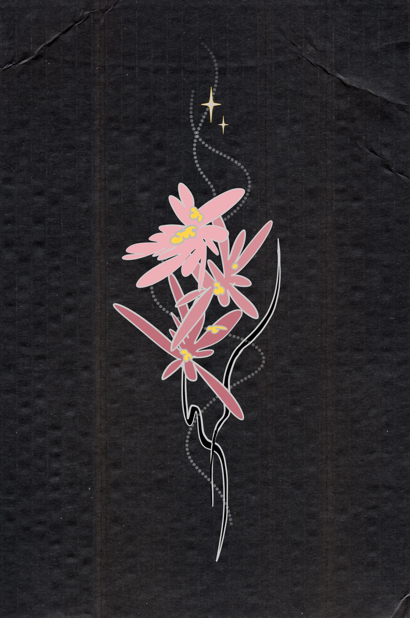 Pink floral tattoo drawing with dotted curves and gold stars on dark paper