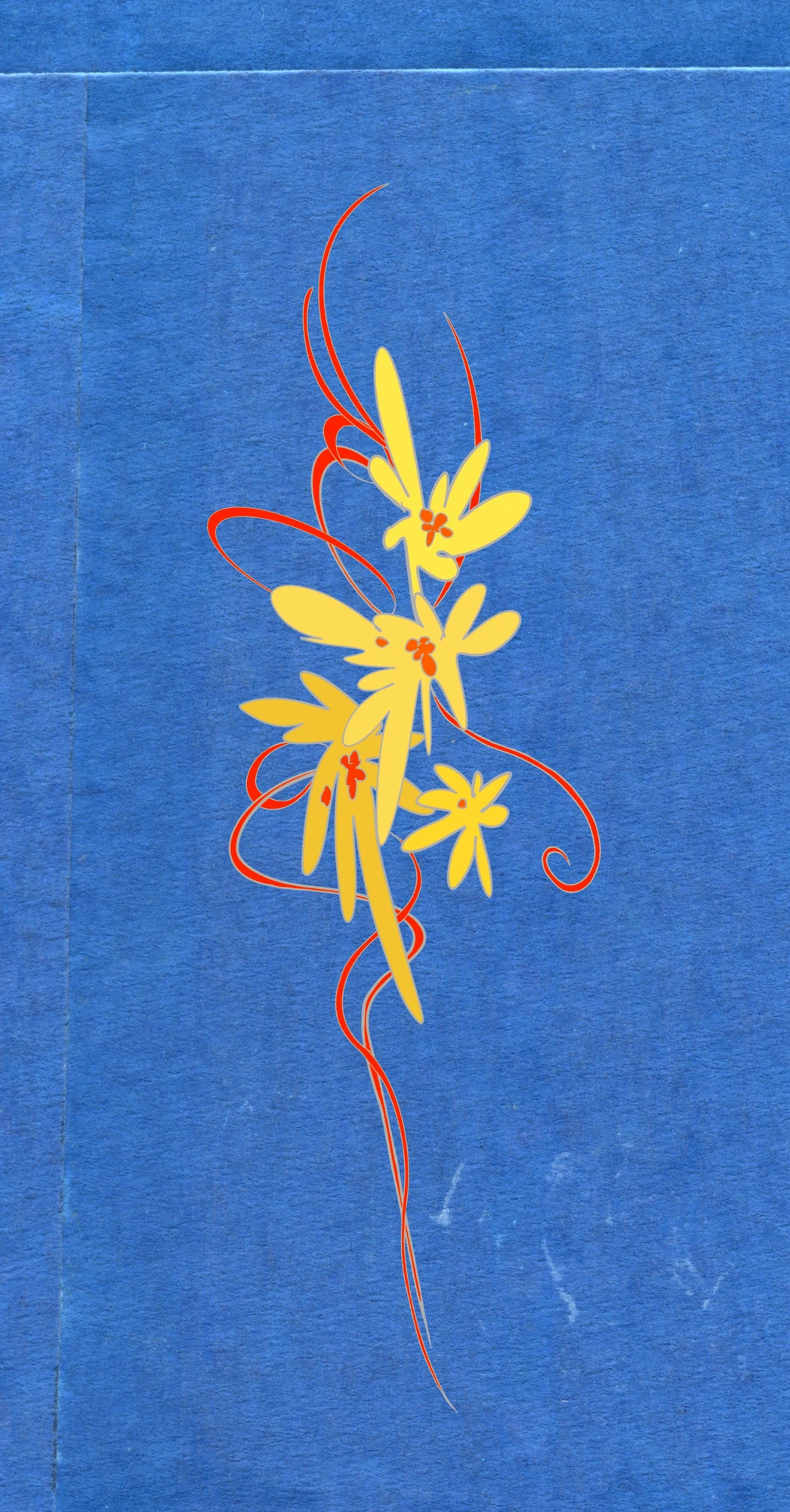 Yellow floral tattoo drawing with long orange curves on blue paper
