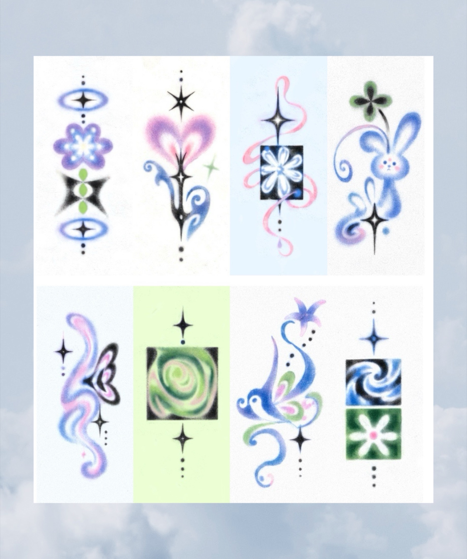 Tattoo flash sheet with multiple blue and green abstract designs