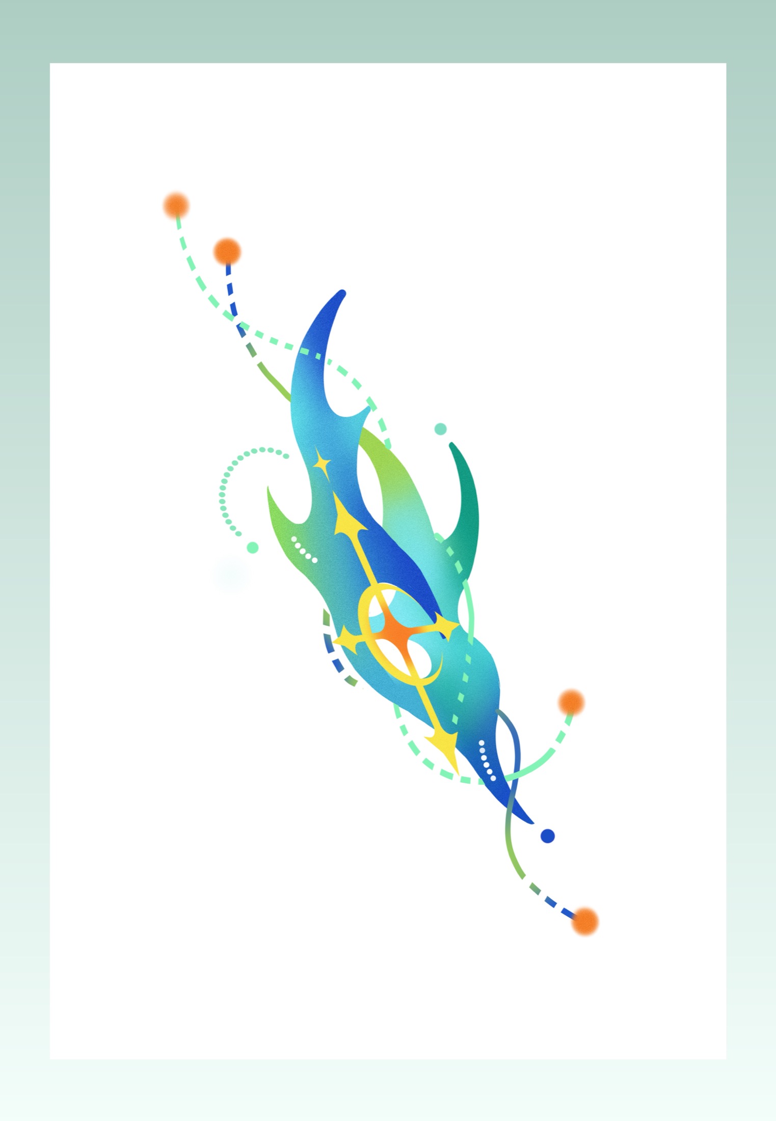 Long blue and green abstract tattoo flash with orange dots