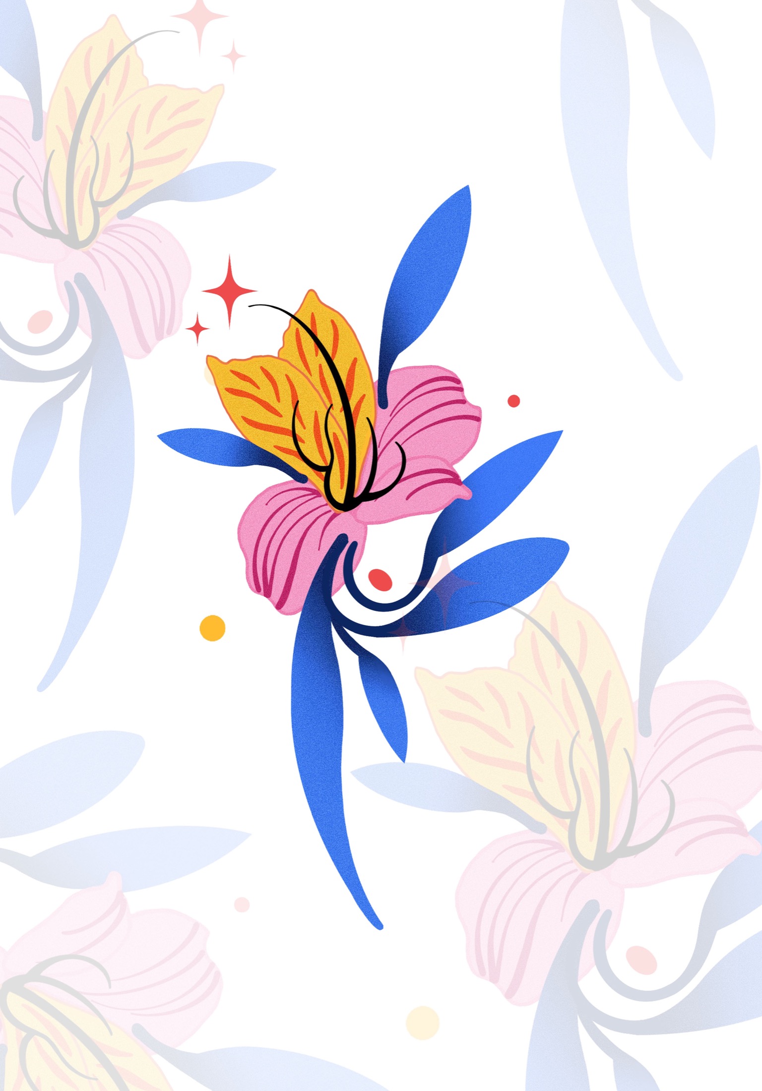Pink and yellow flower tattoo flash with blue leaves