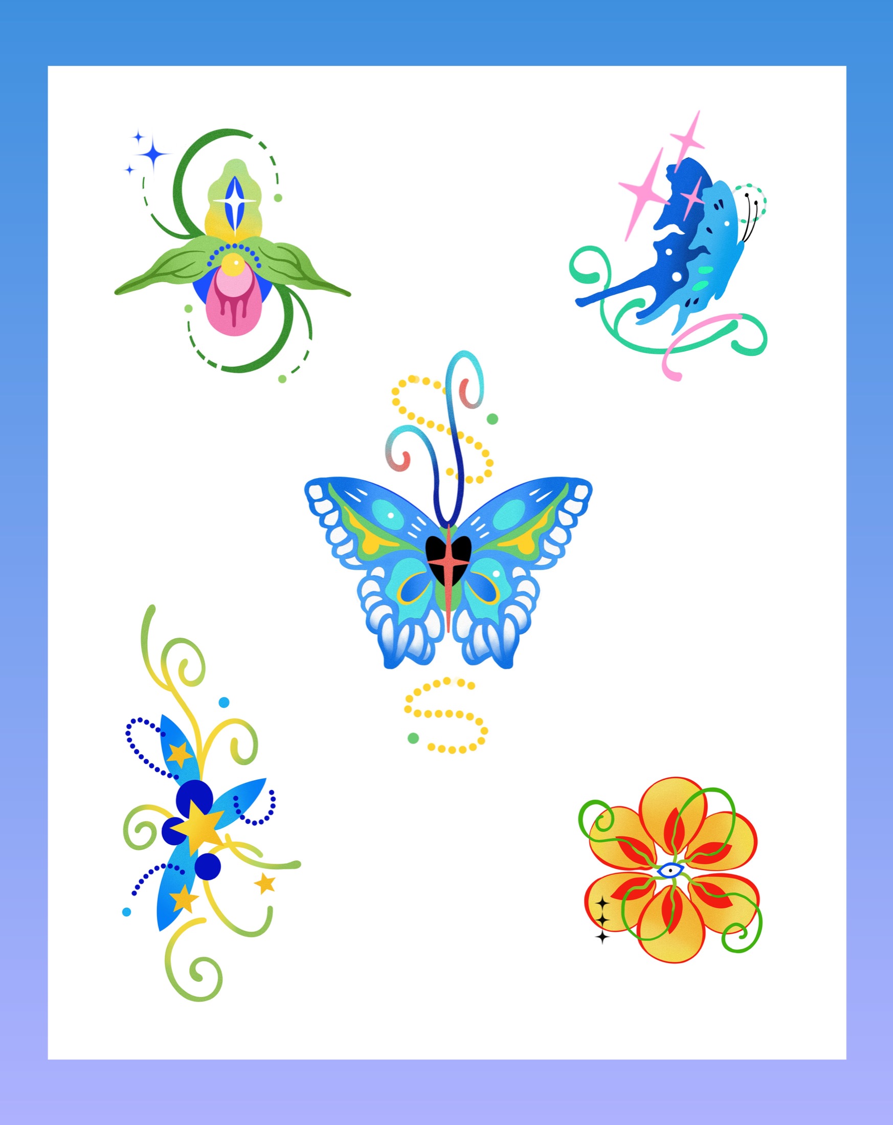 Tattoo flash sheet with butterfly, orchid, flower, and abstract motifs