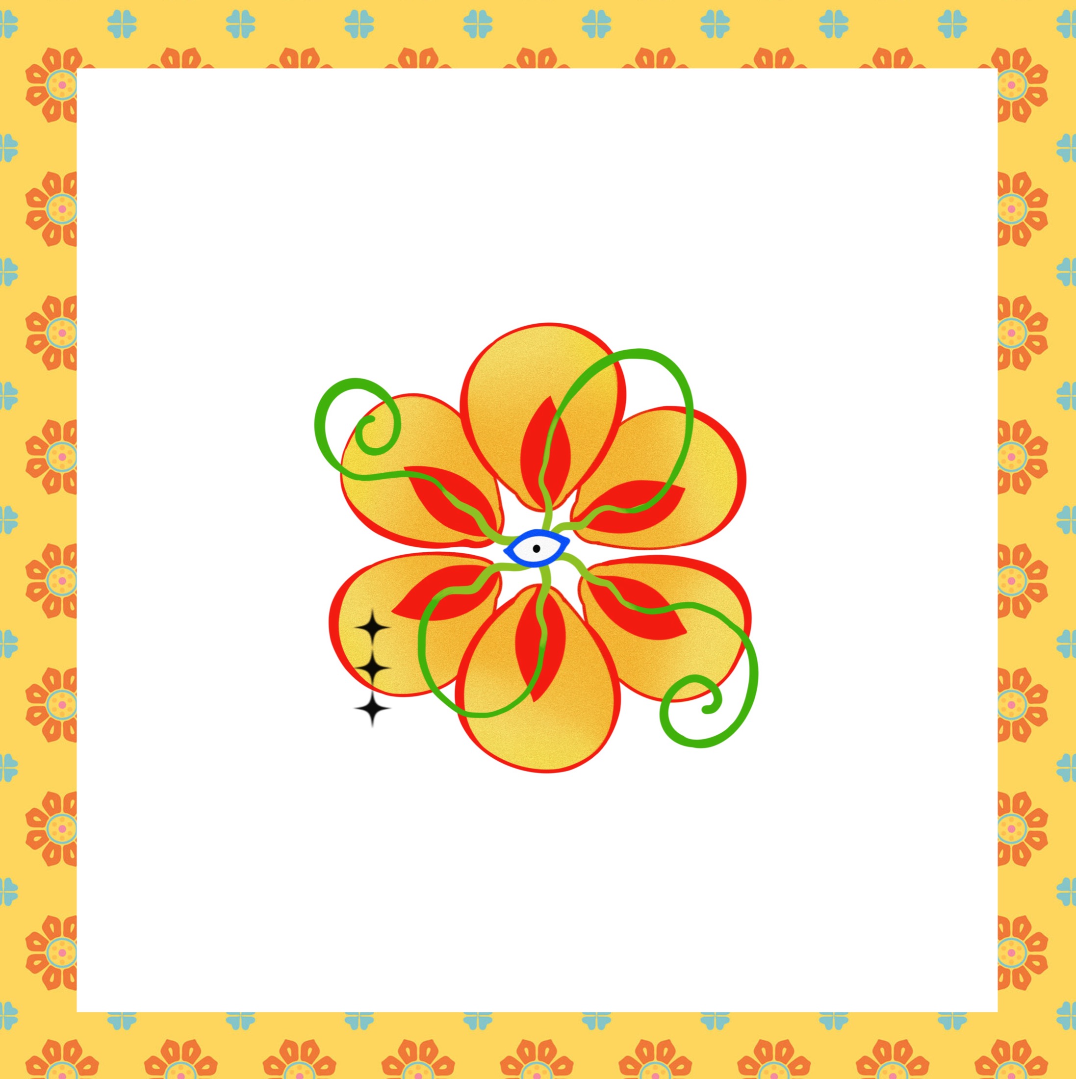 Yellow flower tattoo flash with green curls and an eye detail