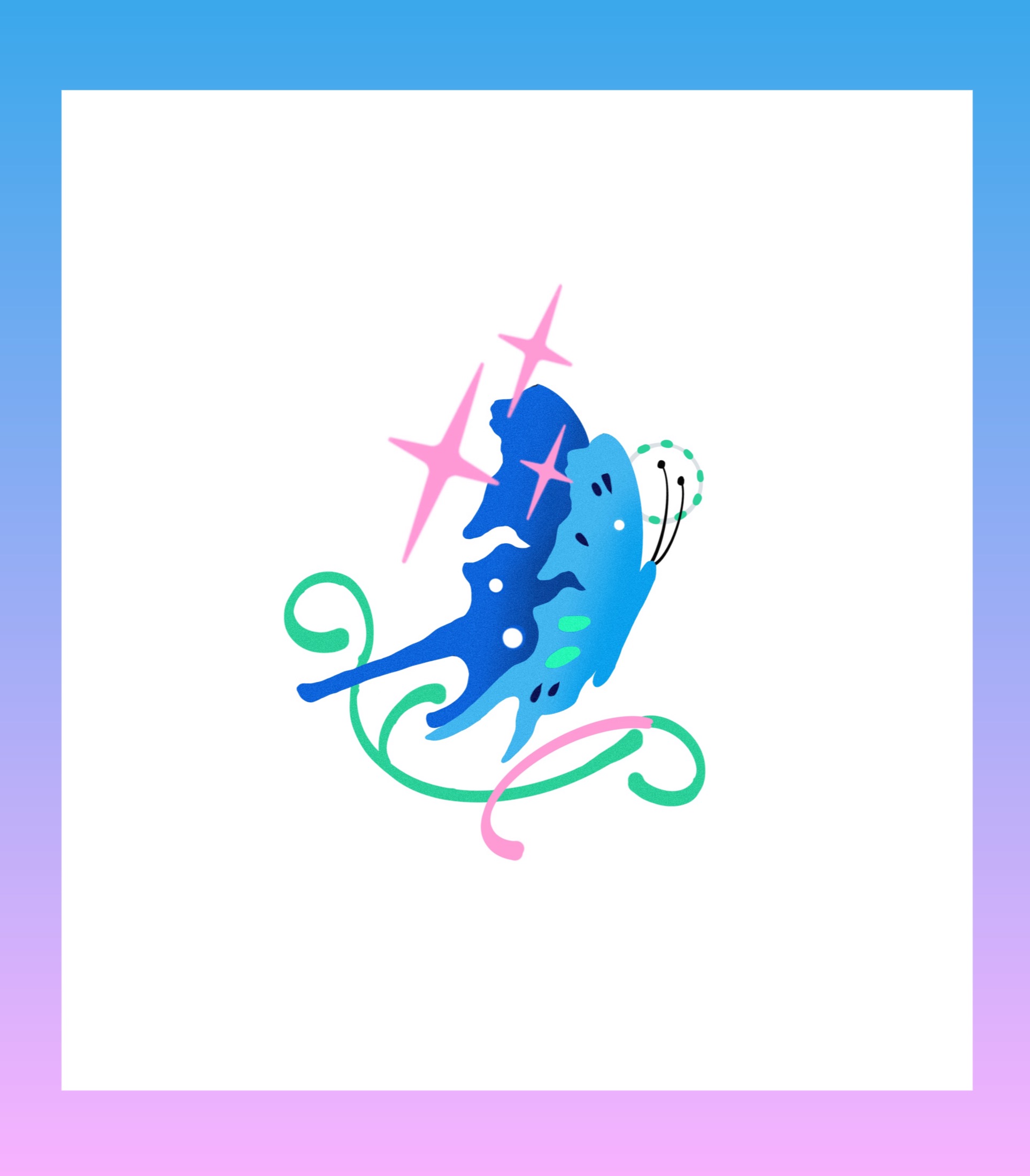 Blue butterfly tattoo flash with dotted yellow line