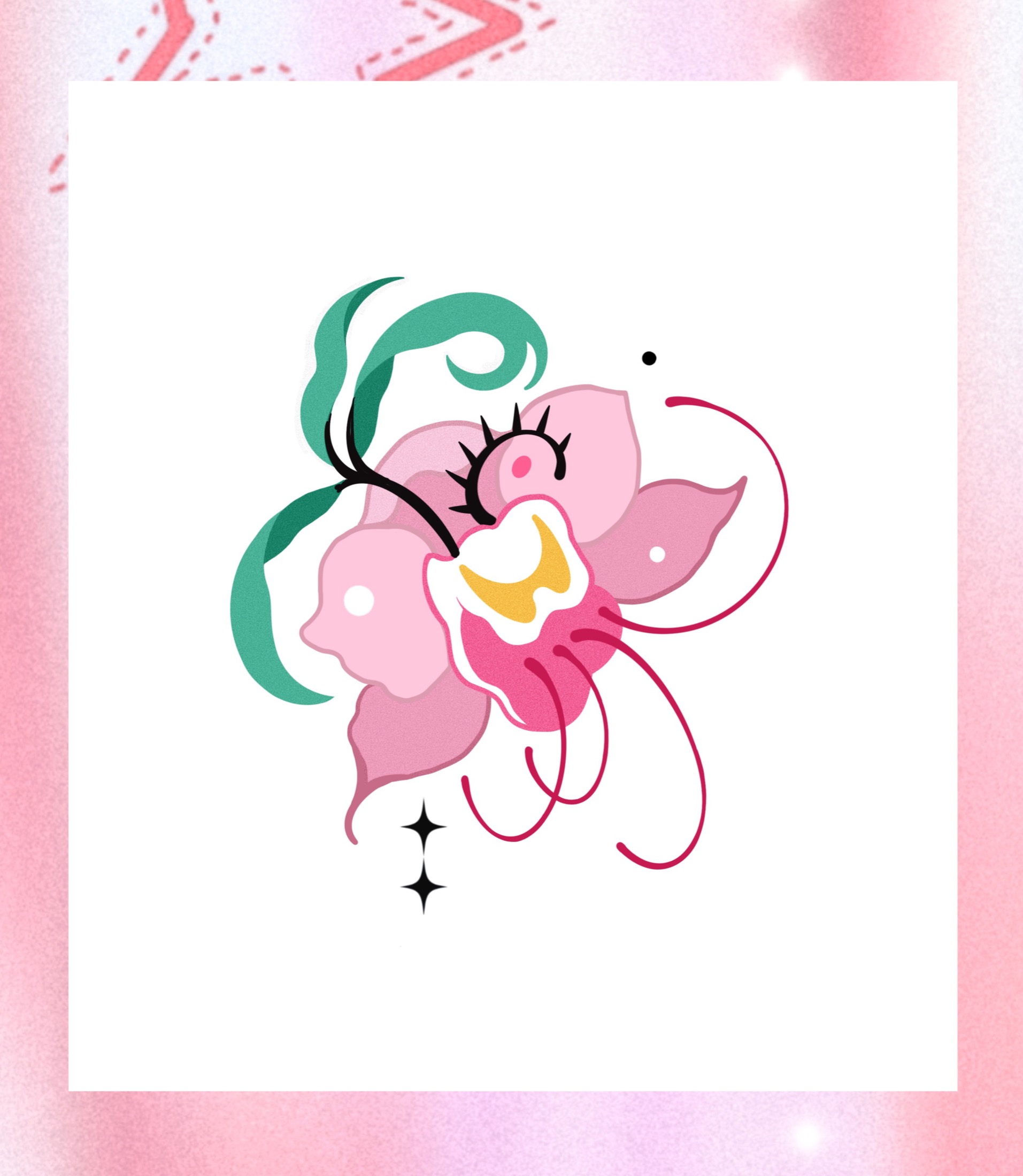 Pink flower tattoo flash with green leaves and black stars
