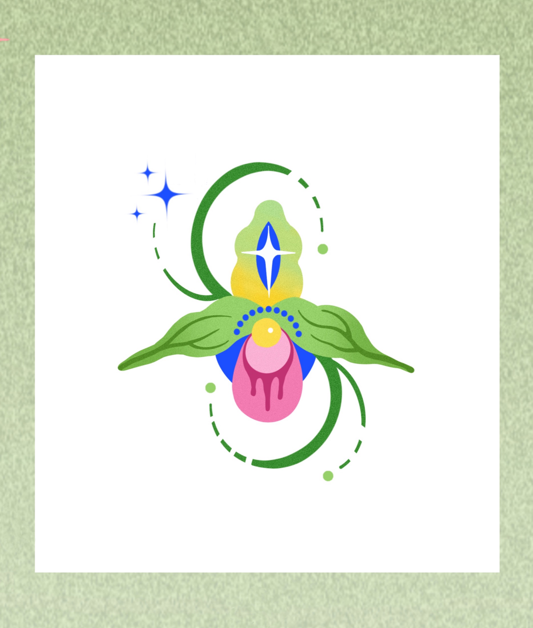 Green orchid tattoo flash with dotted blue arc