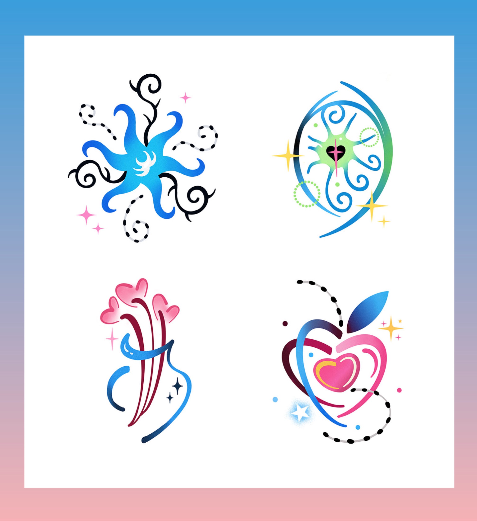 Tattoo flash sheet with octopus, heart, flower, and abstract motifs