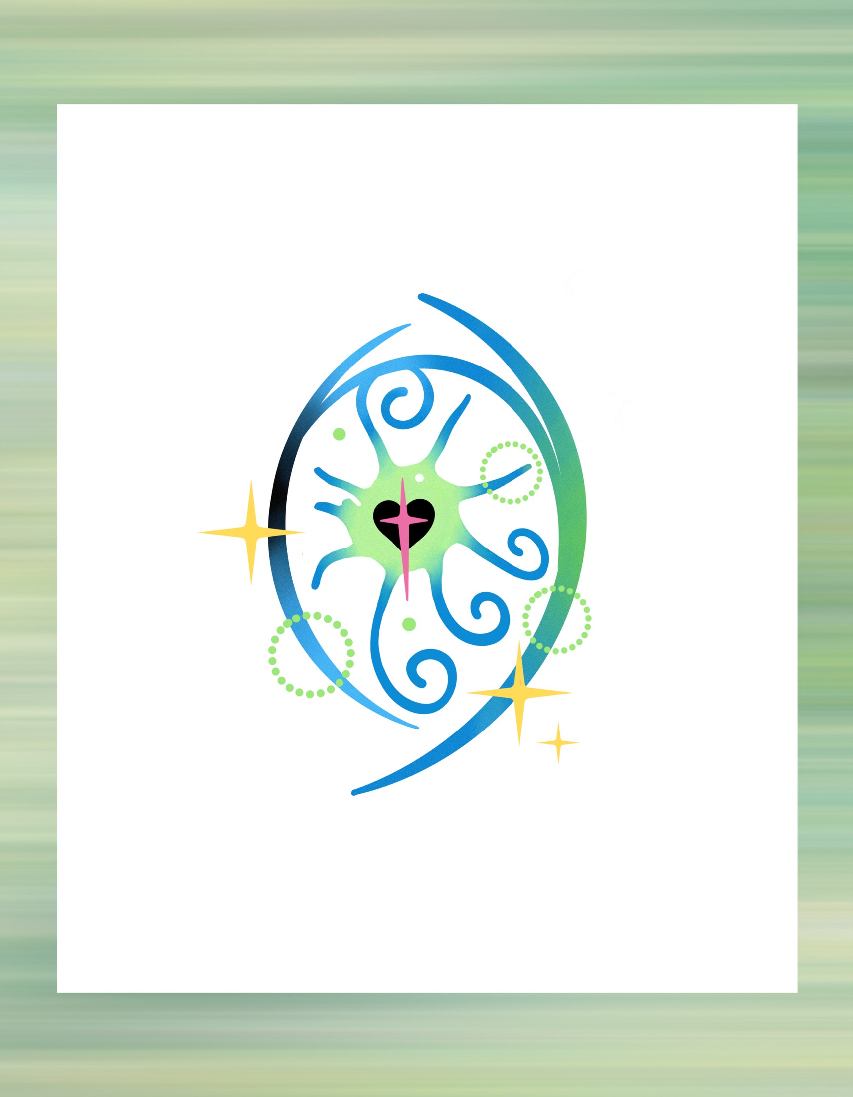 Green and blue crescent tattoo flash with heart and stars