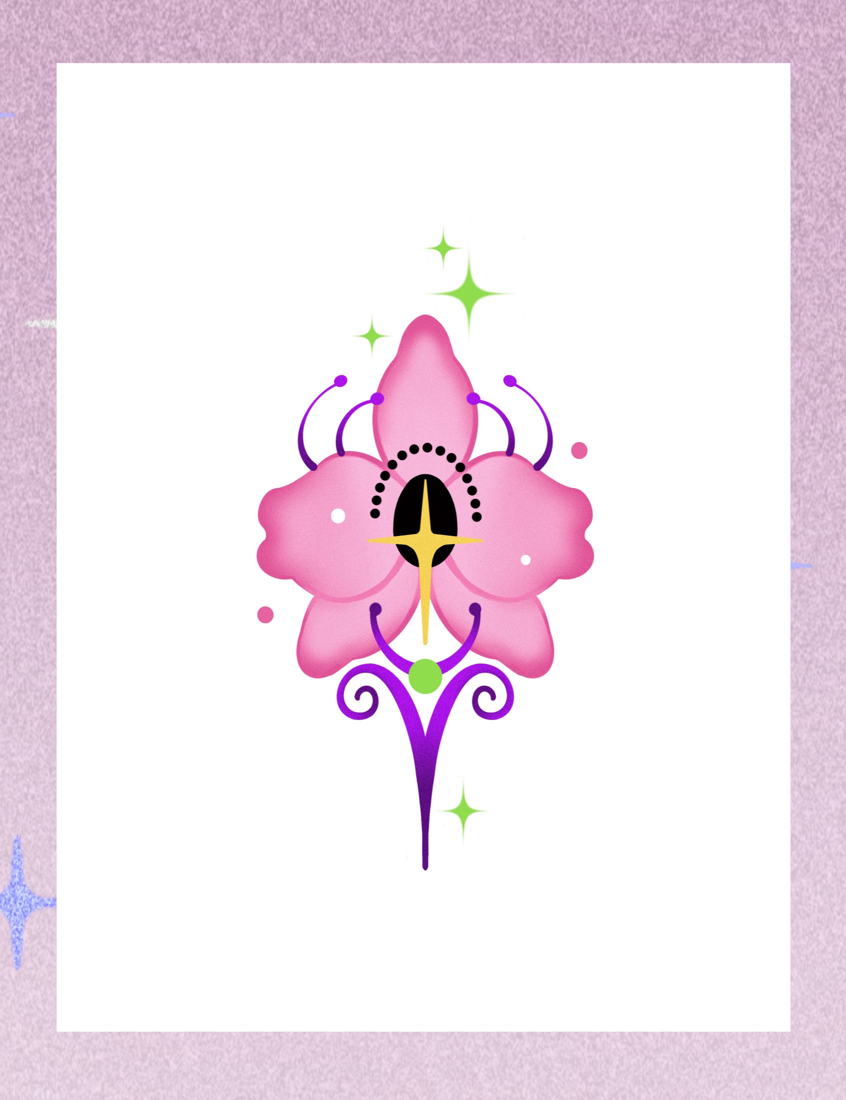 Pink flower tattoo flash with purple curls and green stars