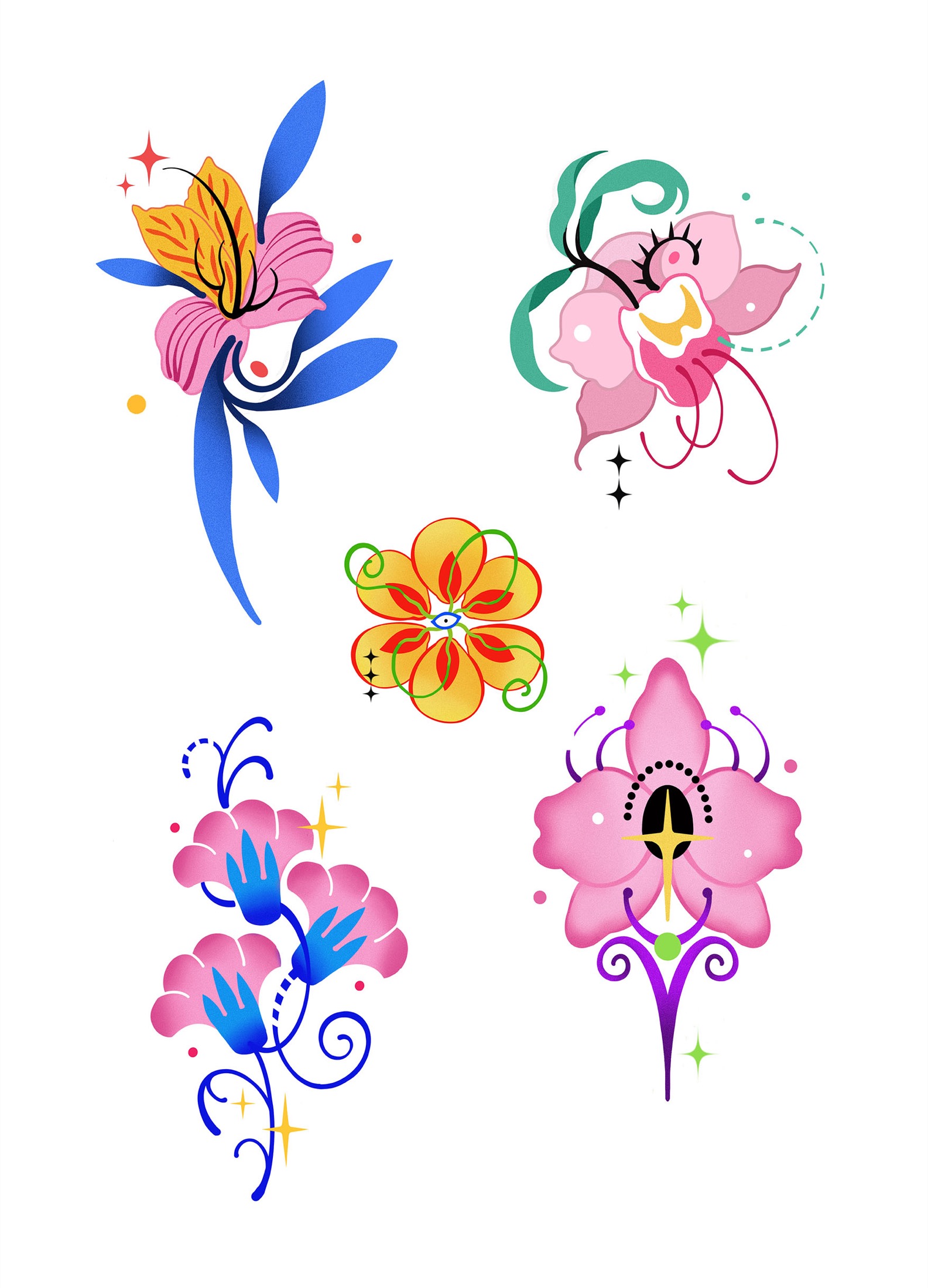 Tattoo flash sheet with flower and butterfly motifs