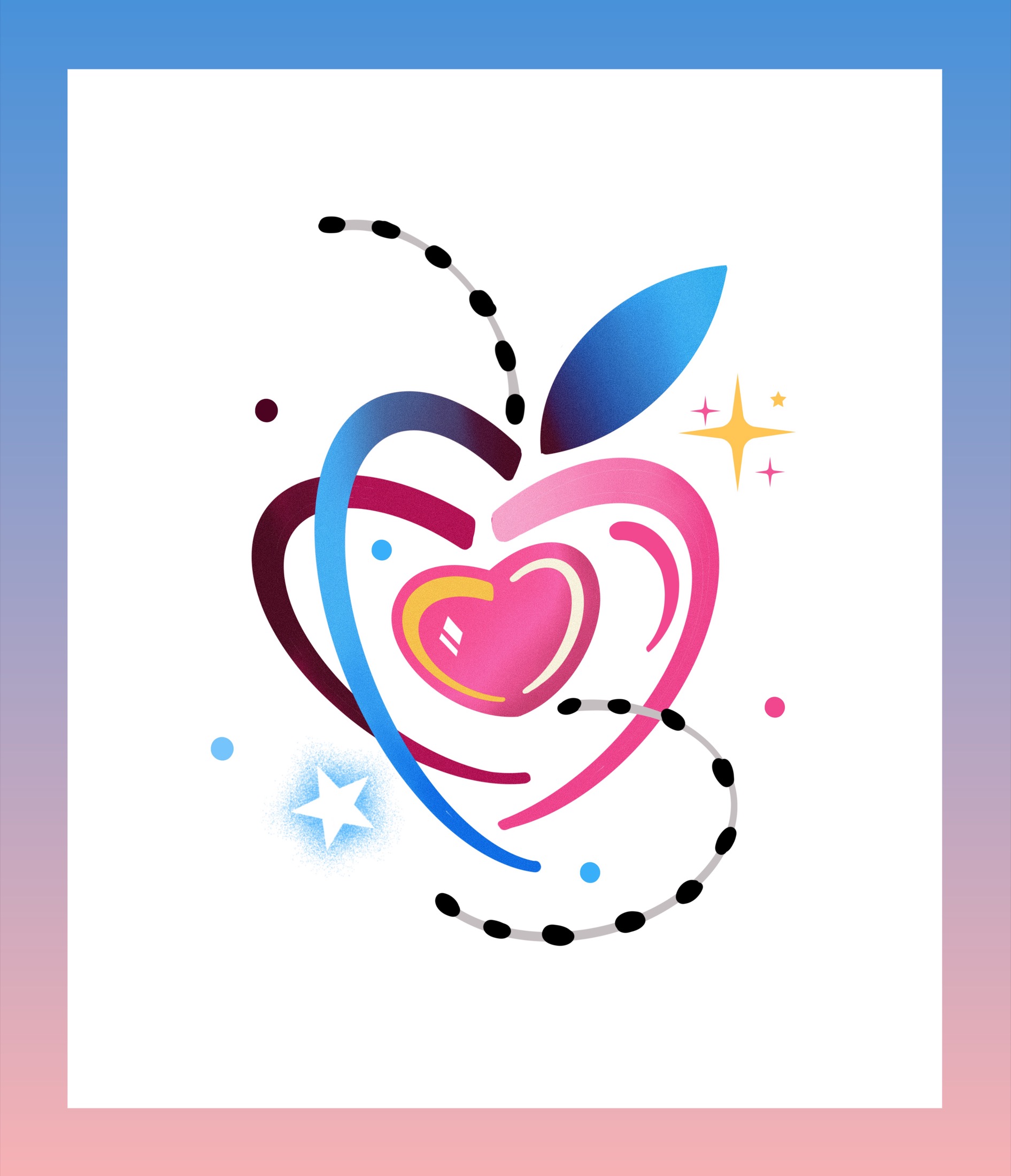 Pink and blue apple-heart tattoo flash with dotted black line