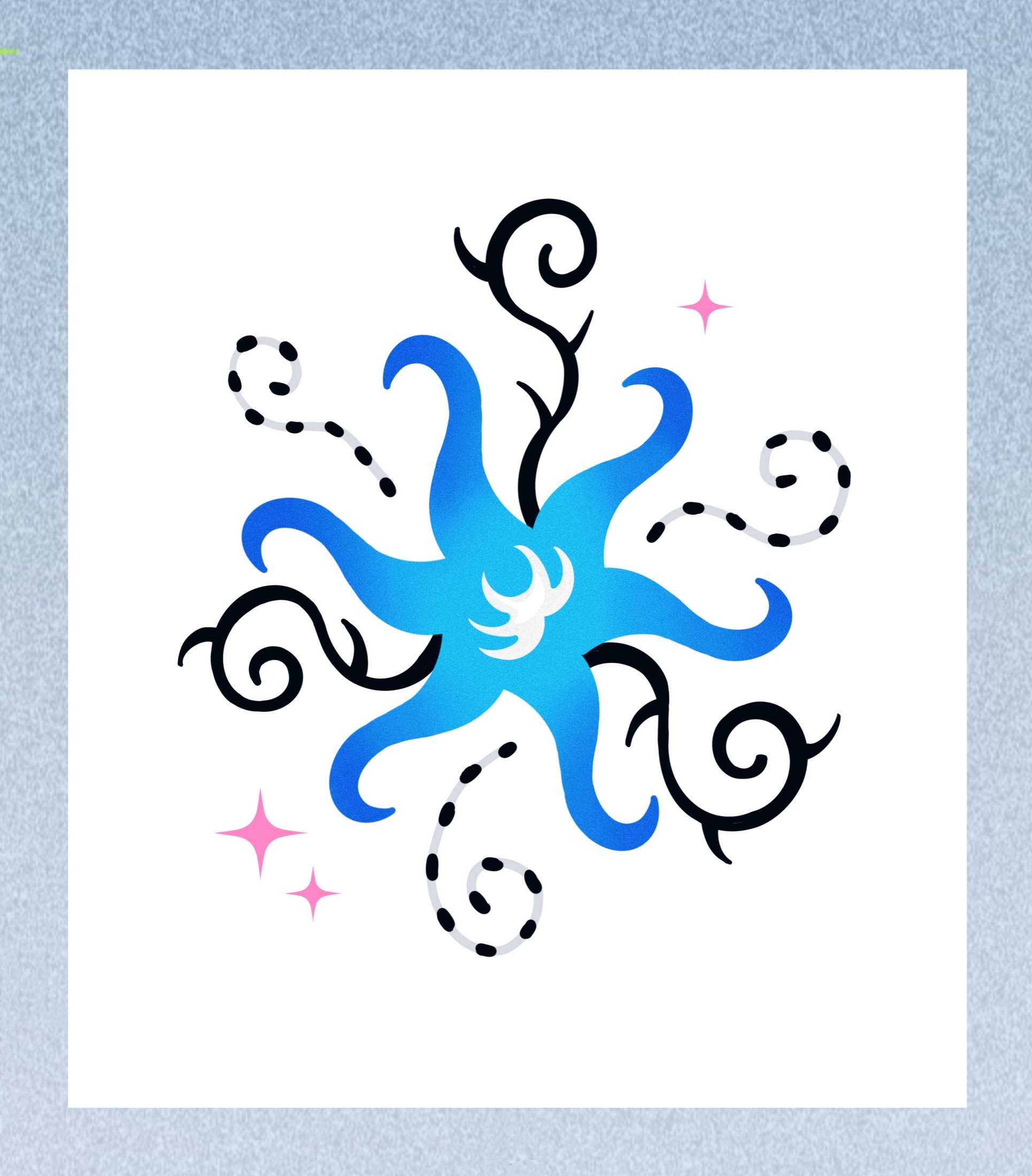 Blue abstract flower tattoo flash with small leaves