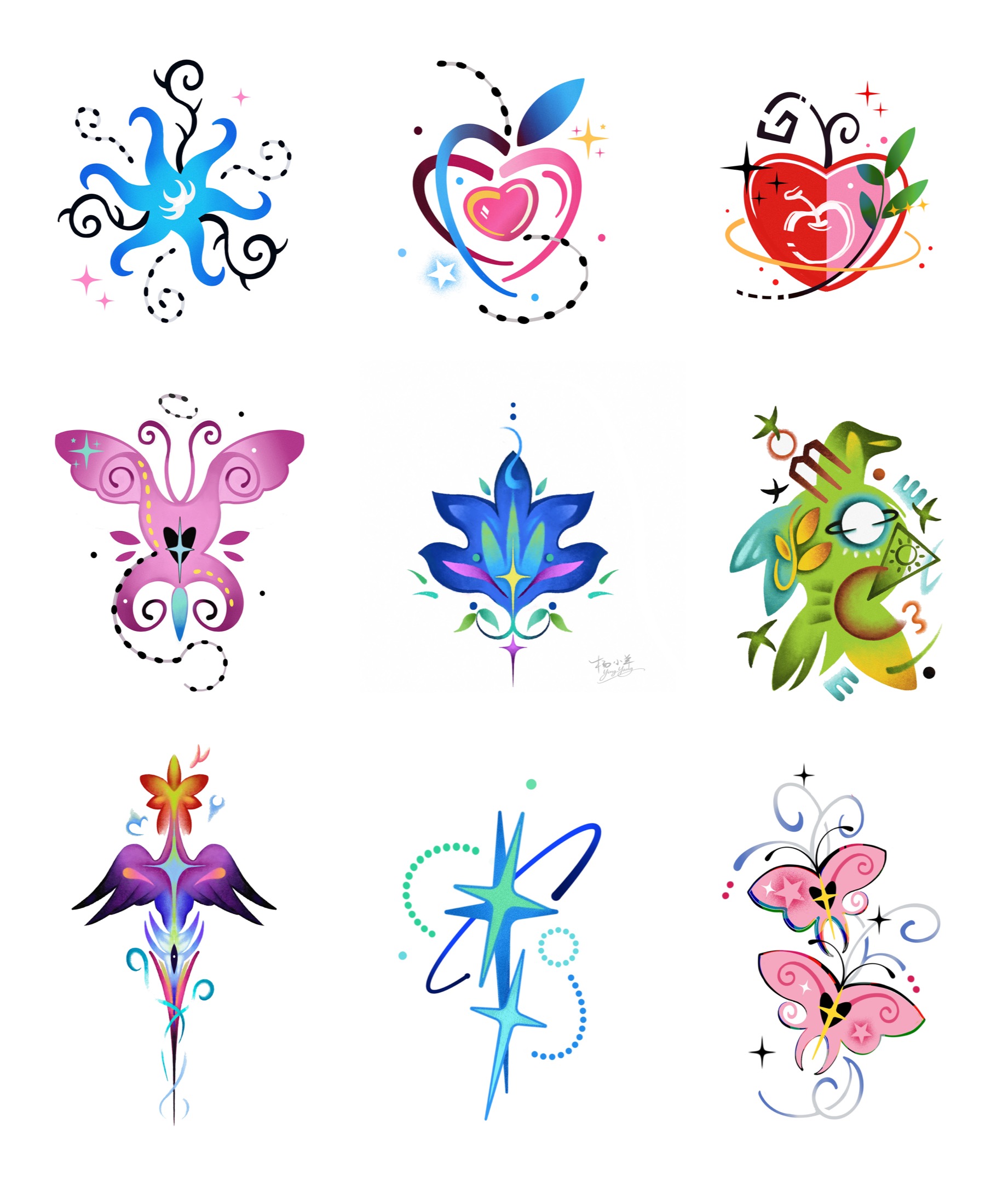 Tattoo flash sheet with nine colorful small designs