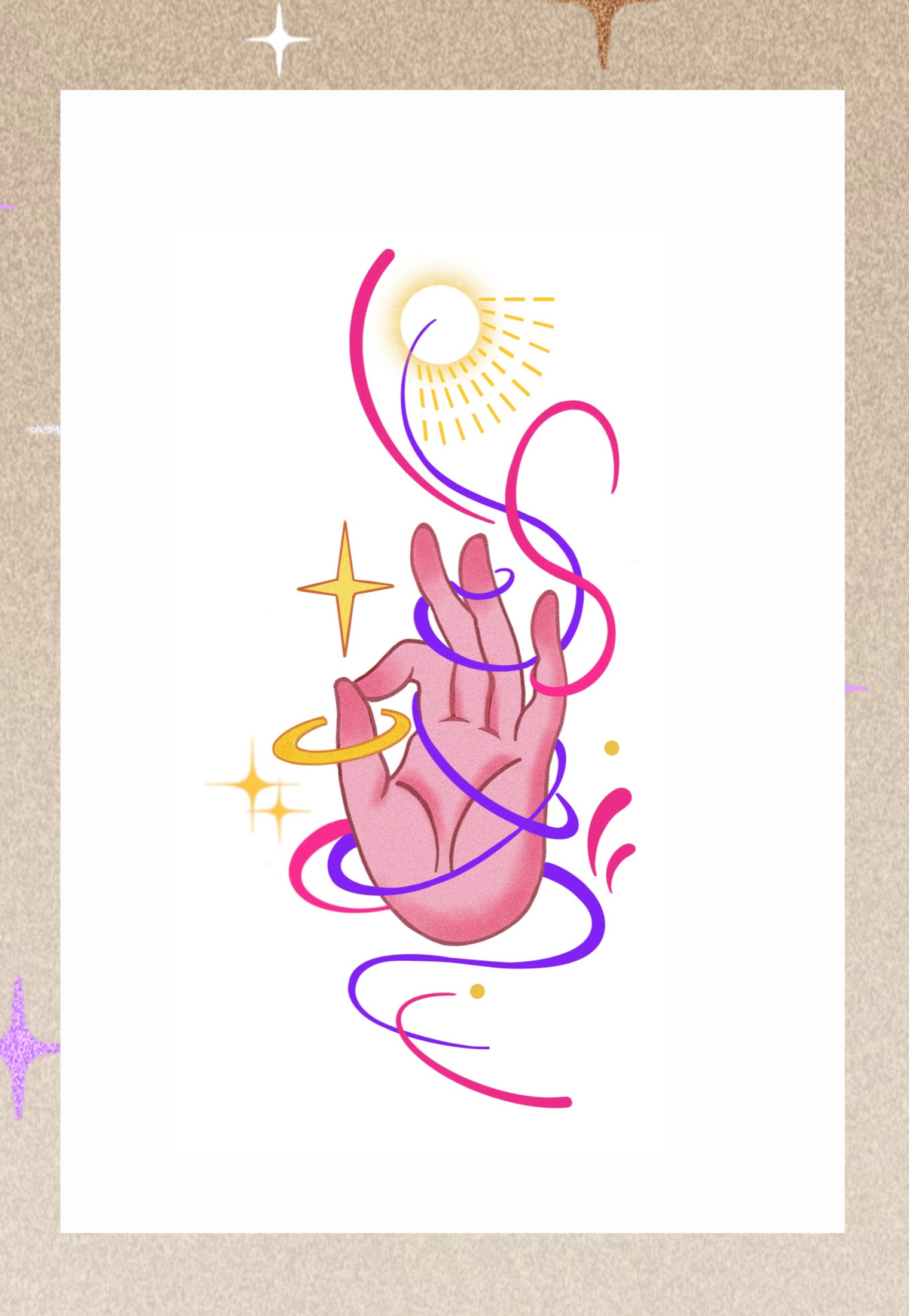 Pink illustrated hand tattoo flash with ribbon and sunlight details