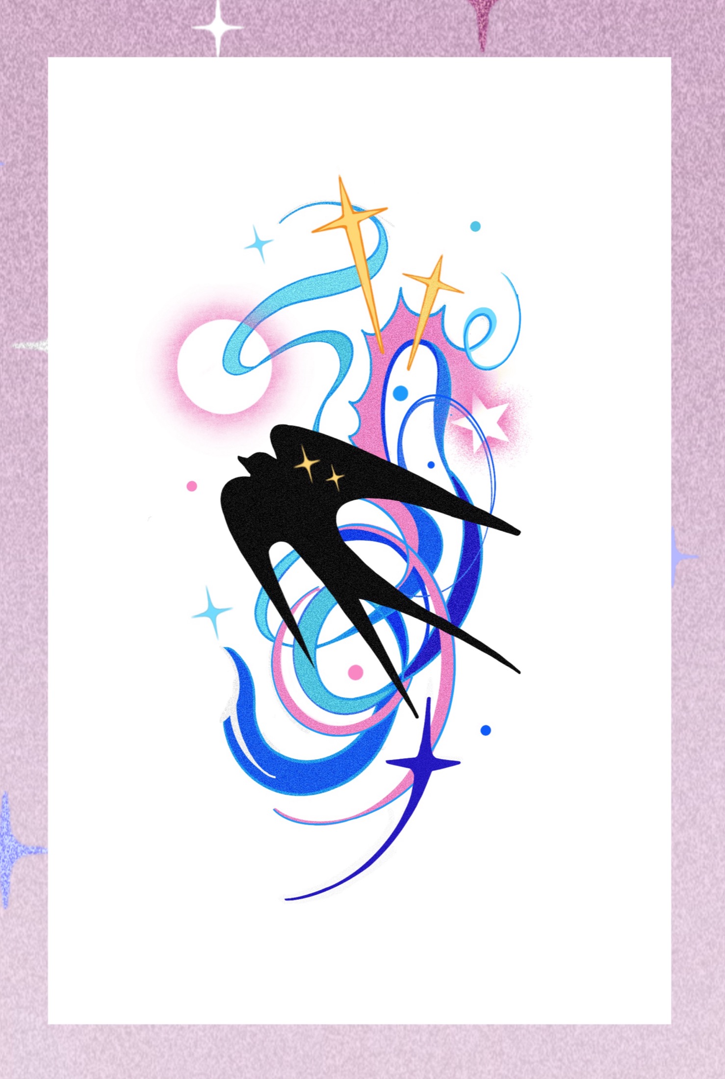 Black bird silhouette tattoo flash with blue and pink ribbons