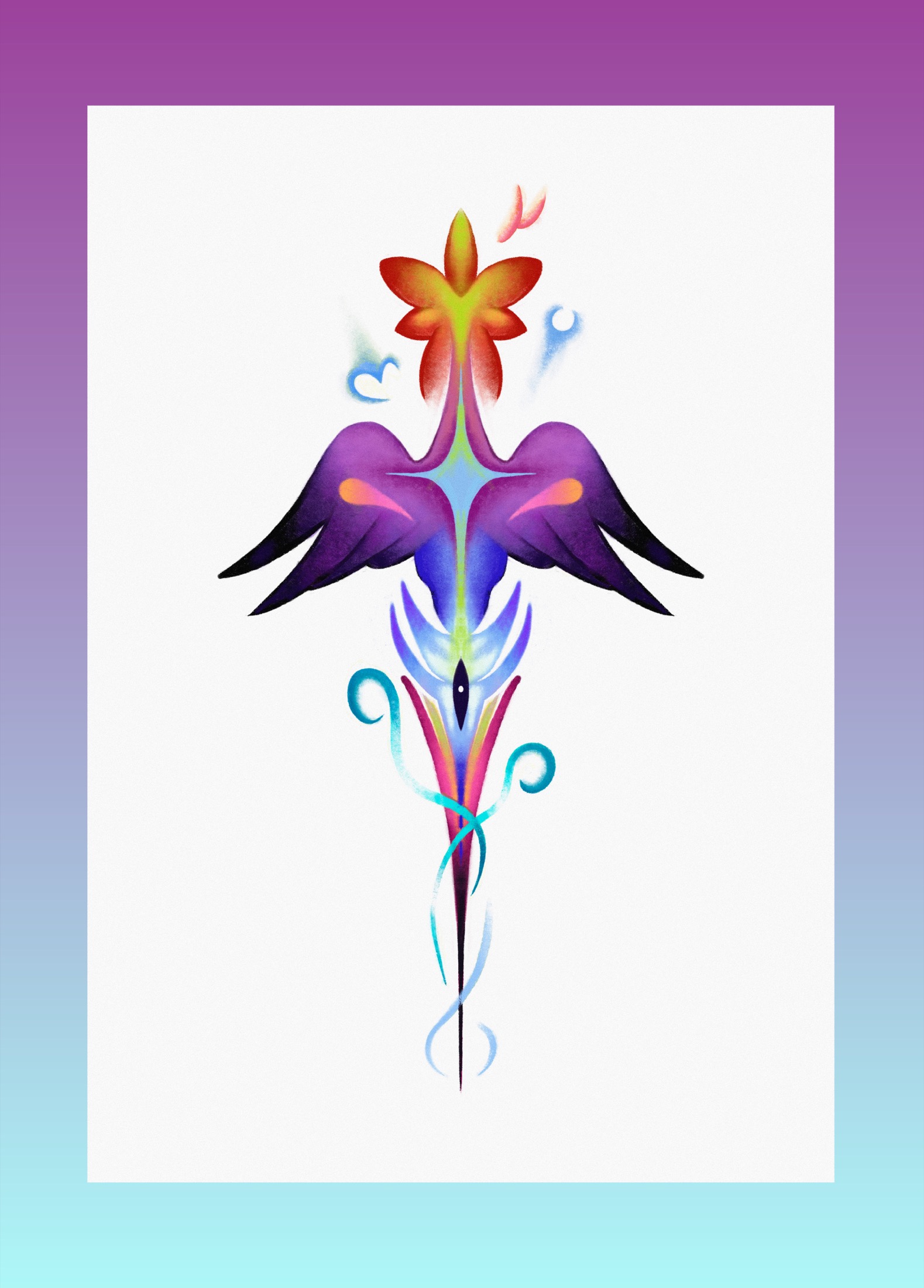 Blue and purple symmetrical tattoo flash with flower and wing forms