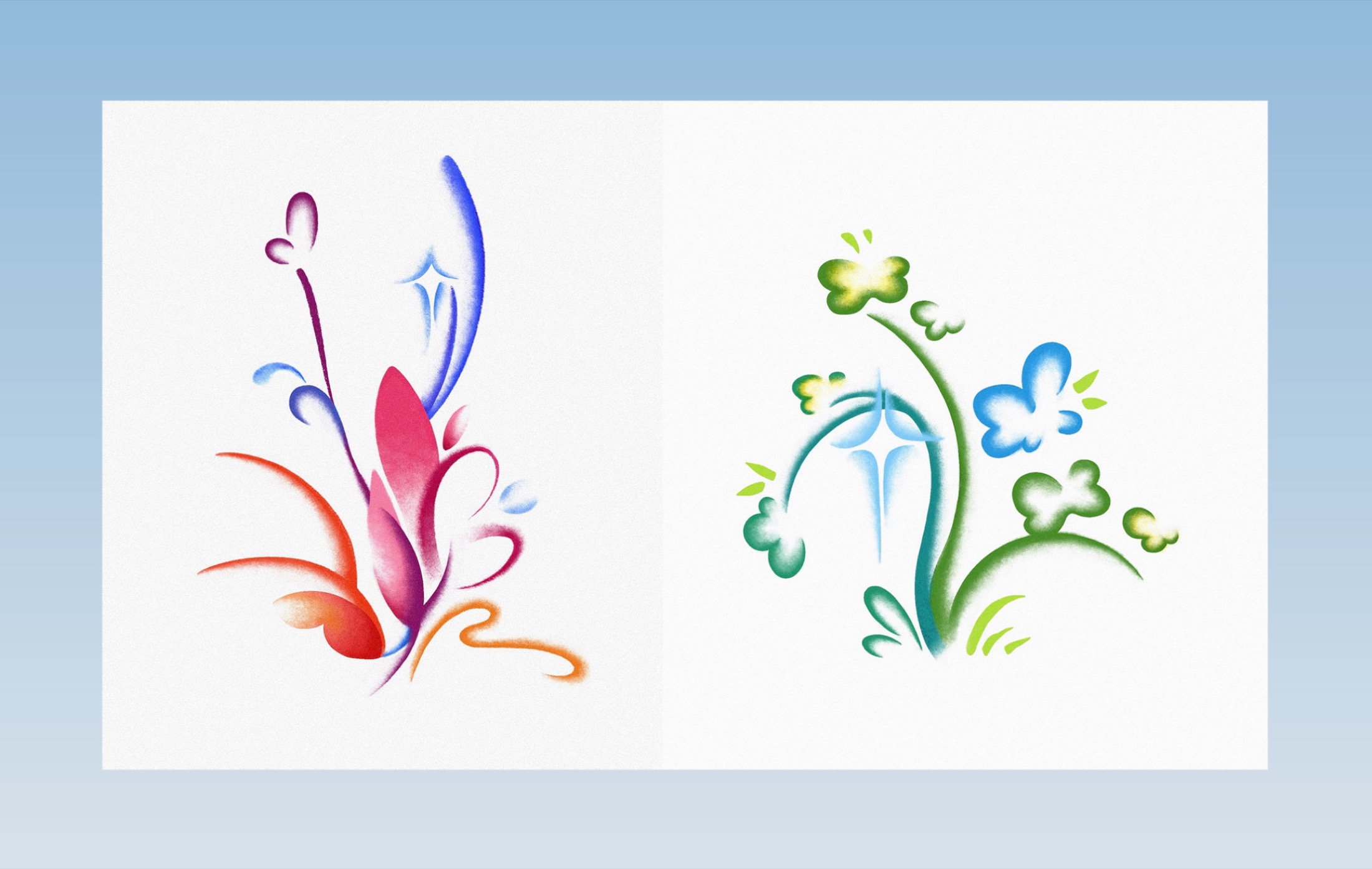 Soft gradient botanical tattoo flash in purple and orange