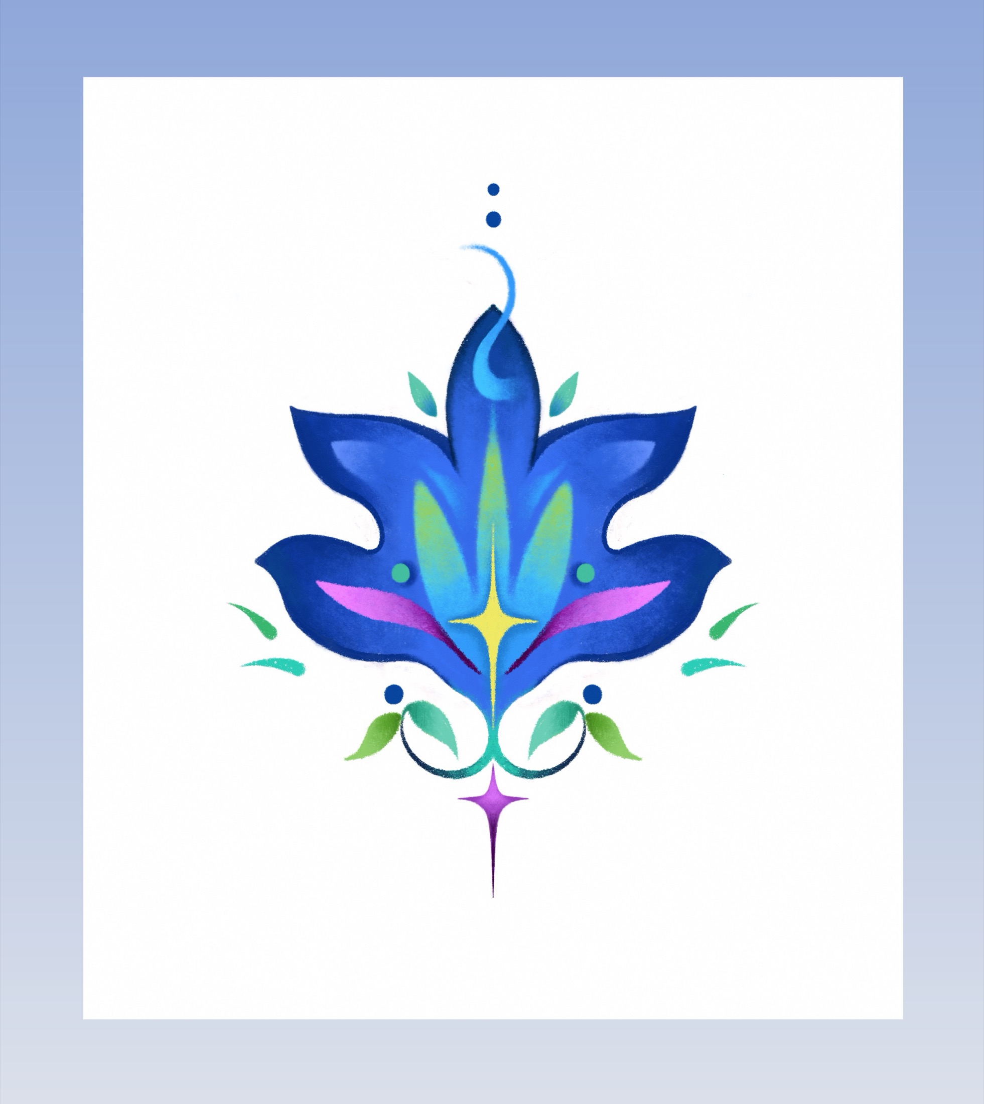 Blue flower tattoo flash with green leaves and a purple star